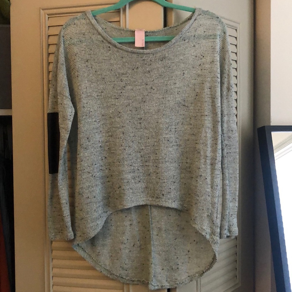 Sheer high/low sweater with faux leather elbows